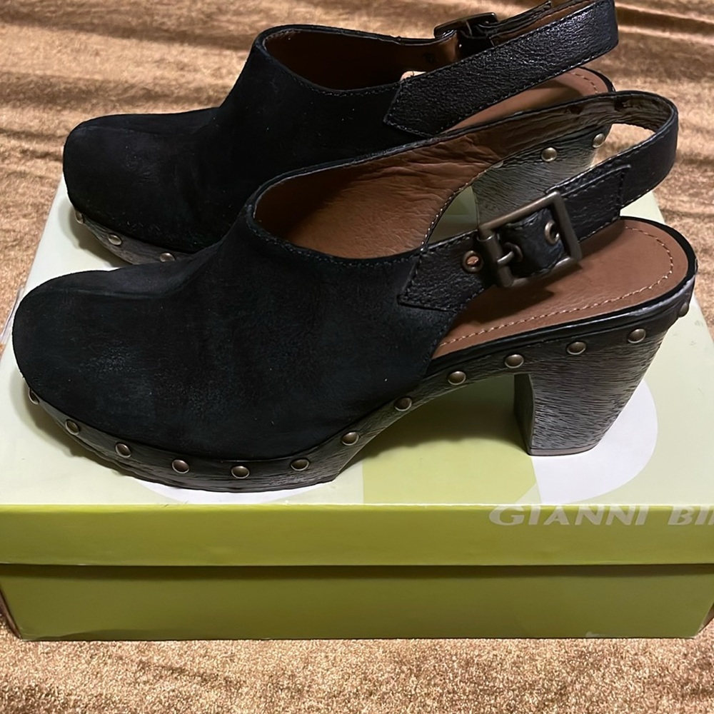 Gianni Bini, Black suede clogs with antique brass studs, size 7.5.
